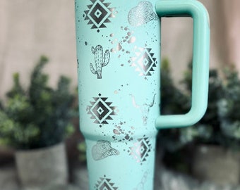 Grawerowany kubek w stylu western, nadruk kowbojski w stylu azteckim, 30 uncji 40 uncji z uchwytem