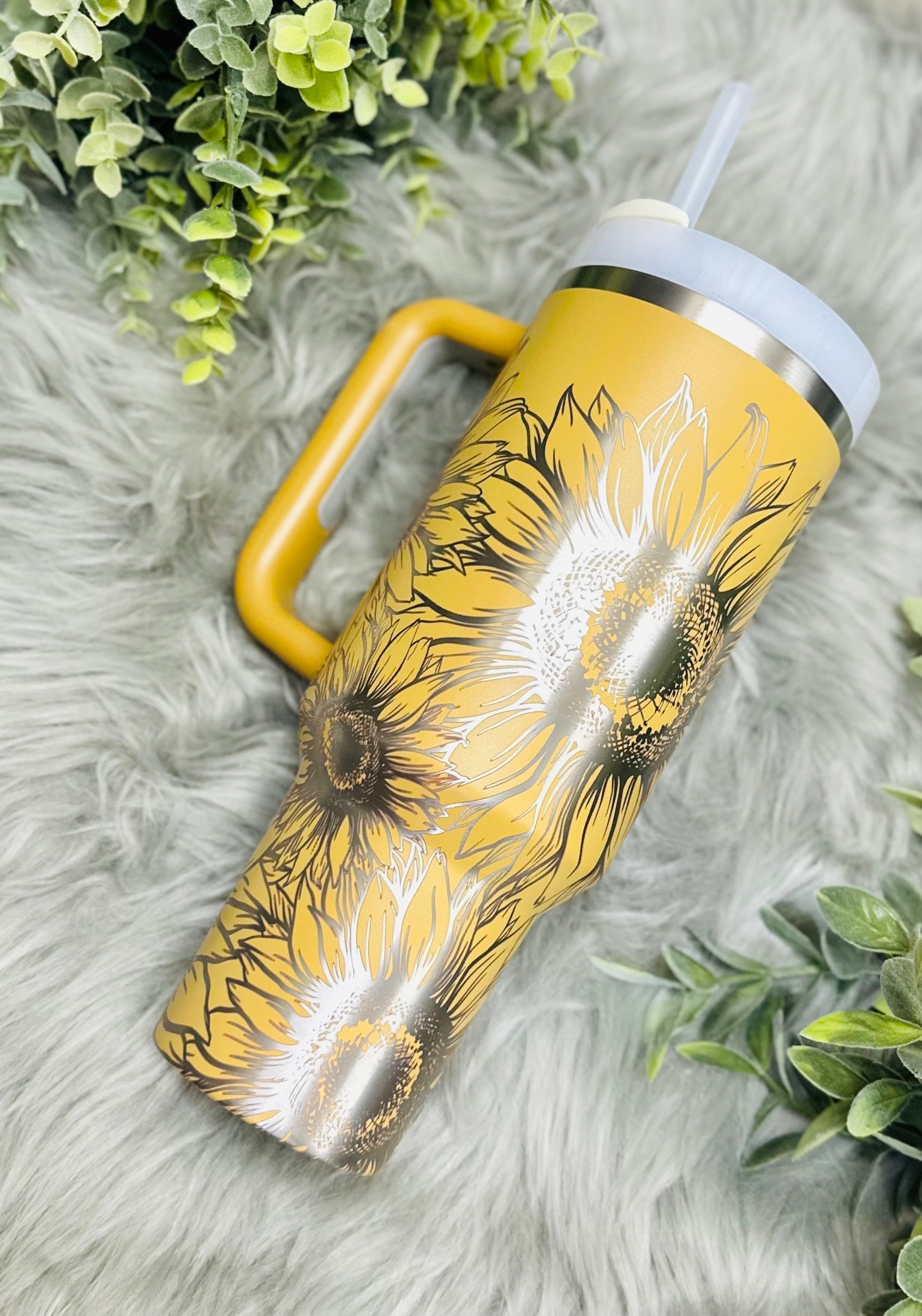 Sunflower Cowprint 40 OZ Stanley Quencher H2.0 Travel Tumbler With Handle-full  Wrap Laser Engraved 