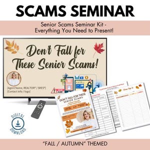 May include: A digital download for a "Scams Seminar" kit, themed for fall. The image includes a TV screen with the text "Don't Fall for These Senior Scams!" and supporting documents with the same message. A remote control and a digital download icon are also visible.