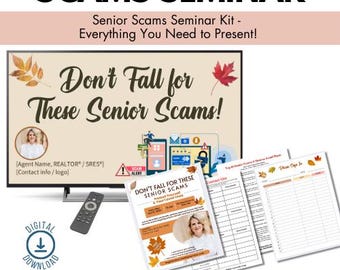 Kit de seminario para personas mayores / No caiga en estas estafas para personas mayores / Plantillas de Canva, folletos, diapositivas, guiones y materiales de apoyo / Marketing para agentes inmobiliarios