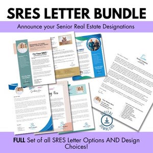 Op de afbeelding: Een bundel SRES-briefsjablonen met diverse ontwerpkeuzes. De brieven bevatten foto's, tekst en het SRES-logo. De tekst bevat "Announce your Senior Real Estate Designations" en "Digital Download".