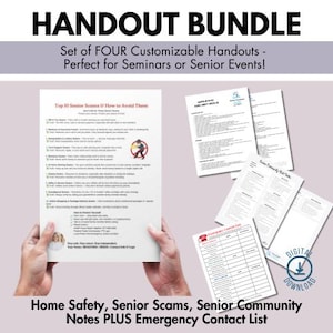 Puede incluir: Un paquete de cuatro folletos personalizables para seminarios o eventos para personas mayores. Los folletos incluyen información sobre seguridad en el hogar, estafas a personas mayores, notas comunitarias y una lista de contactos de emergencia. El texto "HANDOUT BUNDLE" está en la parte superior de la imagen.