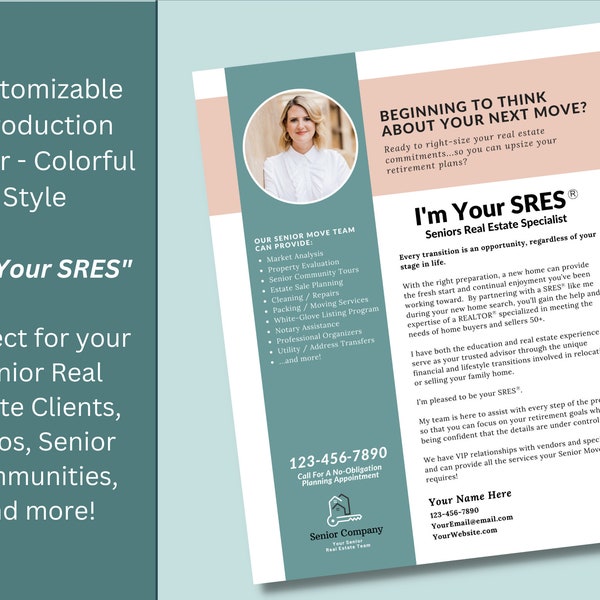 Senior Real Estate Agent Introduction Letter - Colorful Style, Real Estate, Downsizing, Booklet, Senior Booklet, SRES