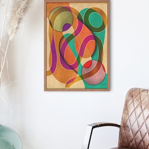 May include: Abstract art print with a colourful design featuring overlapping circles and curved lines in shades of orange, green, purple, and red.