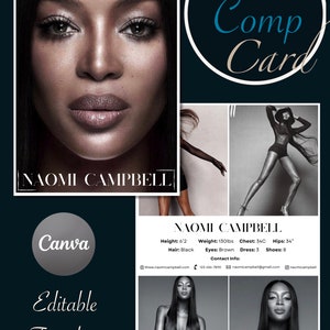 May include: A model comp card for Naomi Campbell. The card features a headshot of Naomi Campbell, along with her measurements, contact information, and a few professional photos. The card is designed in a black and white color scheme with a touch of gold.
