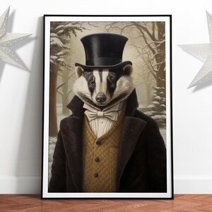 Vintage Christmas Badger Portrait, Classical wildlife wall art Renaissance, Xmas Badgers Animal head human body, Download, Digital Prints 01