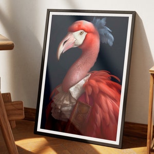 Vintage Flamingo Print, Victorian Pink Tropical Bird Art, Animal Head Human Body, Regal Wall Decor, Download, Printable 04