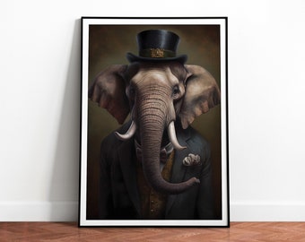 Puede incluir: Una pintura de un elefante con un sombrero de copa y un traje. El elefante tiene una corbata de lazo verde y una flor blanca en la solapa. El fondo es de color marrón oscuro.