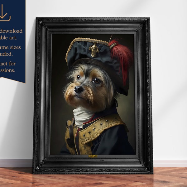 Portrait vintage Yorkshire Terrier en tenue militaire, tirage téléchargeable, tirage d’art, affiche, portrait d’animal de compagnie