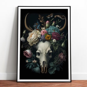 Vintage Stag Deer Skull Floral Print, Antique Gothic Prints, Dark Academia Decor, Victorian Gallery Wall, Download, Printable 02