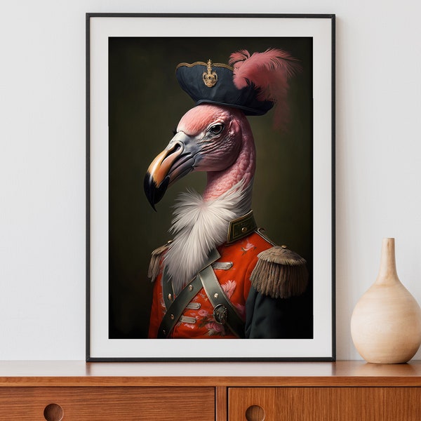 Vintage Flamingo Print, Renaissance Animal Painting, Victorian Pink Tropical Bird Art, Regal Wall Decor, Download, Printable 03