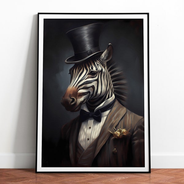 vintage Gentleman Zebra print, Zebra in suits, Wildlife wall art, Quirky Posters, Animal head human body, Download, Imprimable 01