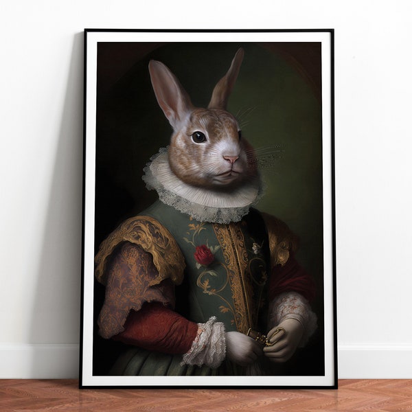 Vintage Rabbit Portrait Print, Renaissance Painting, Rabbits Art Poster, Animal Head Human Body, Aristocrat Hares, Download, Printable 03
