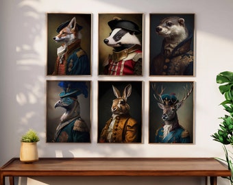 Set of 6 Vintage Portrait Prints, Renaissance Painting, Antique Art Poster, Animal Head Human Body, Painting of animals, Download, Printable