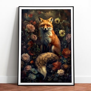 Fox in flowers and roses, Dark Academia Floral Botanical Cottagecore Wall Art Decor Moody Vintage Oil painting Printable digital Download