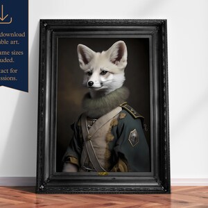 Vintage Arctic Fox Portrait Print, Renaissance Painting, Antique Poster, Animal Head Human Body, Aristocrat Foxes, Download, Printable 01