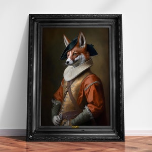 Impression portrait vintage renard mousquetaire, peinture de la Renaissance, affiche ancienne, tête d&#39;animal corps humain, renards aristocrates, téléchargement, imprimable 03