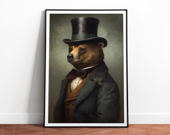 Vintage Gentleman Bear Wall Art Print: Animal Portrait in Suit — Digital Download