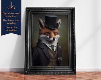 Vintage Gentleman Fox print, Foxes in suits, Classical wildlife wall art, Quirky Posters, Animal head human body, Download, Printable 02
