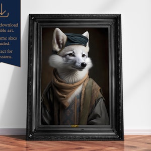 Vintage Arctic Fox Portrait Print, Renaissance Painting, Antique Poster, Animal Head Human Body, Aristocrat Foxes, Download, Printable 03