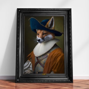 Vintage Fox Musketeer Portrait Print, Renaissance Painting, Antique Poster, Animal Head Human Body, Aristocrat Foxes, Download, Printable 02