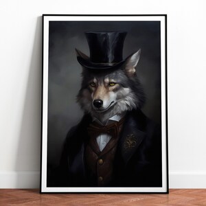 Vintage Gentleman Wolf print, Wolfs in suits, Wildlife wall art, Quirky Posters, Animal head human body, Download, Printable 01
