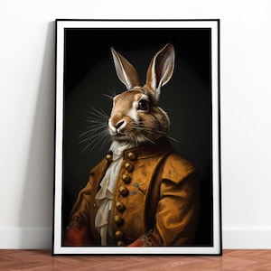 Vintage Kaninchen Portrait Druck, Renaissance Malerei, Antike Kunst Poster, Tierkopf menschlichen Körpers, Aristokrat Hasen, Download, printable 04