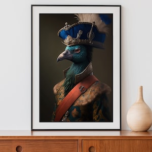 Vintage Peacock Portrait Print, Renaissance Animal Painting, Animal Head Human Body, Victorian Aristocrat Bird Art, Download, Printable 01