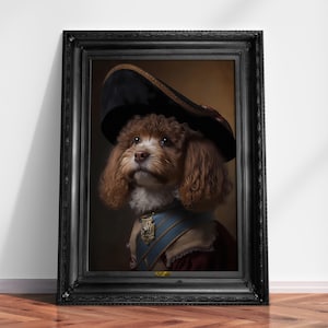 May include: A brown and white dog wearing a black and gold pirate hat and a blue and gold sash. The dog is looking up and has a serious expression on its face. The dog is framed in a black ornate frame.