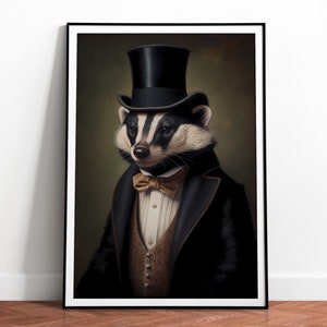 Muurkunstdruk Gentleman Badger: vintage dierenportret in pak — digitale download