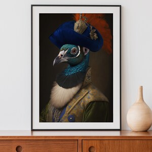 Vintage Peacock Portrait Print, Renaissance Animal Painting, Animal Head Human Body, Victorian Aristocrat Bird Art, Download, Printable 03
