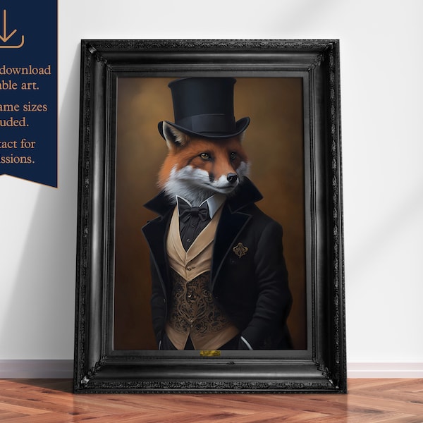 Vintage Gentleman Fox print, Foxes in suits, Classical wildlife wall art, Quirky Posters, Animal head human body, Download, Printable 01
