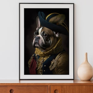 Vintage French Bulldog Portrait Print, Renaissance Animal Painting, Animal Head Human Body, Frenchie, Gift for Pet Owners 02