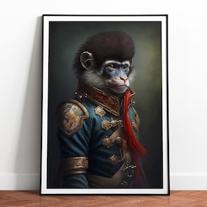 Puede incluir: Un retrato de un mono vestido con un uniforme militar azul y dorado con una banda roja. El mono tiene una expresión seria y mira hacia la derecha.