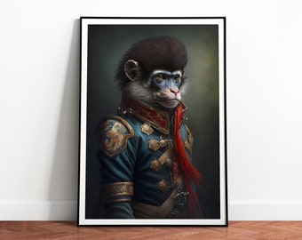 Vintage Monkey Portrait Print, Renaissance Painting, Antique Art Poster, Animal Head Human Body, Aristocrat Apes, Download, Printable 03