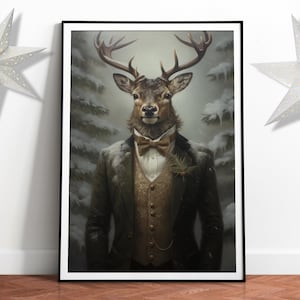 Vintage Christmas Reindeer Portrait, Classical wildlife wall art, Renaissance, Xmas Deer Animal head human body, Download, Digital Prints 01