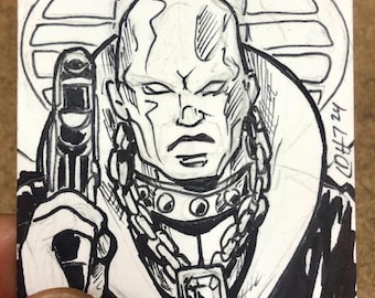 May include: A black and white illustration of a bald character with a stern expression, holding a gun. The character has a chain necklace and a large collar. The background features a stylized design. The artwork is signed with the date '04/7/24'.