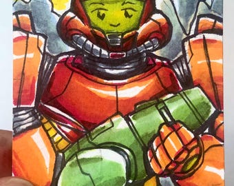 May include: A hand-drawn illustration of a video game character wearing a red and orange suit with a green helmet and holding a green weapon. The character has a cartoonish appearance with large eyes and a smile.