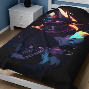 Neon Wolf Fursona Plush Blanket - Cozy Customization for Furry Enthusiasts - Furry Lovers - Furry Gifts