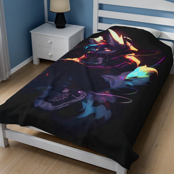 Neon Wolf Fursona Plush Blanket - Cozy Customization for Furry Enthusiasts - Furry Lovers - Furry Gifts