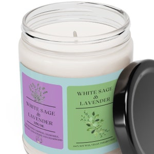 Vela perfumada vegana de cera de soja con lavanda y salvia blanca, frasco de vidrio de 250 ml. Decoración del hogar, aromaterapia, regalo de relajación, vela de meditación y spa.