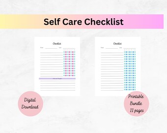 May include: Two white pages of a Self Care Checklist with black text, horizontal lines, and a grid of small blue and pink squares for tracking. The pages feature a header labeled Checklist, a section for Month and Week, and a space for Ideas and Thoughts.