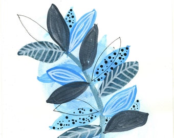 Blue/black flower leaf watercolor. RARE treat.  Signature is pre-selling art work.  DIGITAL print. A Sabin Hogue Art original.