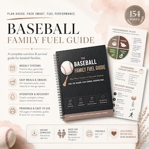 May include: A spiral-bound Baseball Family Fuel Guide with a black cover featuring a baseball graphic and the text The Baseball Family Fuel Guide. Includes 154 pages of nutrition and survival information, meal plans, and checklists for baseball families.