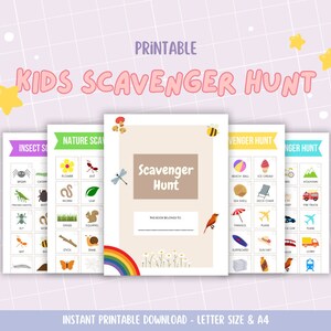 May include: Printable kids scavenger hunt game with four different themes: insects, nature, beach, and city. Each theme has a colorful checklist with illustrations of items to find.