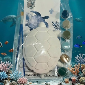 May include: A white plaster sea turtle figurine in a clear plastic bag with a blue paintbrush and six small paint pots. The packaging includes a card with a turtle illustration, the text Paws & Plaster, and the website pawsandplaster.etsy.com.