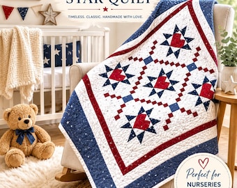 Edredón infantil hecho a mano con cadena irlandesa roja, blanca y azul, estrellas y corazones.