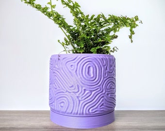 Lavender Purple Pot, Coral Maze Planter with Drainage Tray, Made from an Eco-Friendly Plant Based Plastic