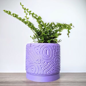 Lavender Purple Pot, Coral Maze Planter with Drainage Tray, Made from an Eco-Friendly Plant Based Plastic