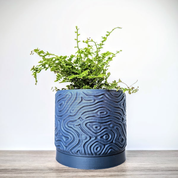 Dark Blue Navy Pot, Coral Maze Planter with Drainage Tray, Made from an Eco-Friendly Plant Based Plastic